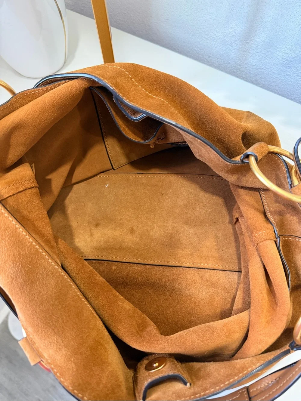 Tory Burch Brown Suede Shoulder Bag with Gold Ring Hardware